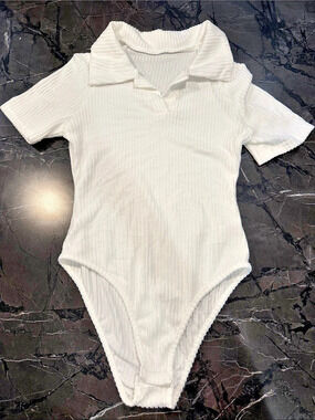 White Ribbed Collared Bodysuit